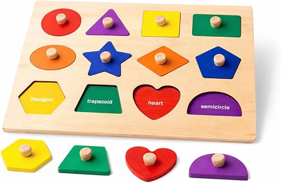 LiKee Wooden Shape Peg Puzzle Board, Educational Geometric Learning Board with Knobs
