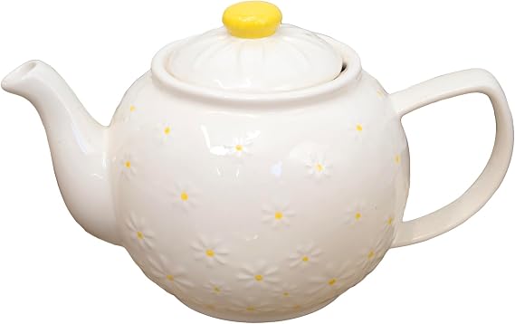 White Daisy 1 Litre Teapot 23x15x14cm Traditional Ceramic Embossed Flower 6 Cup Tea Pot
