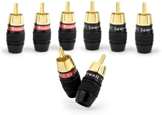 Sewell Deadbolt RCA Plugs, 4 Pairs, Fast-Lock Technology, 24k Gold Plated Speaker Plugs, Premium Solderless SW-32888-4