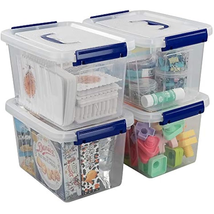 Ggbin 4 Pack 6 Quart Latching Storage Box, Small Lidded Storage Container Bin with Handle, Clear