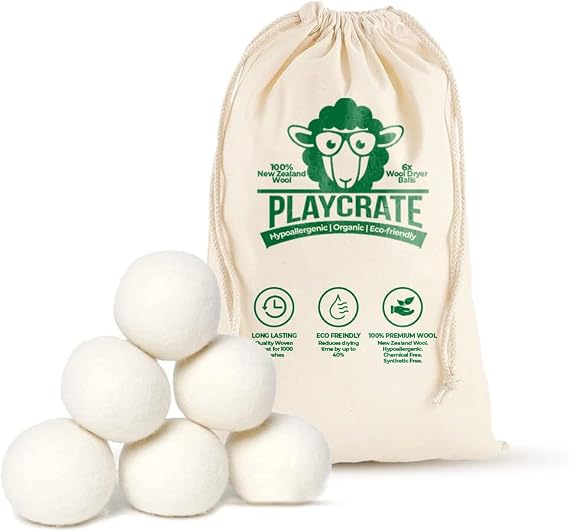 Wool Tumble Dryer Balls - 6 Pack Organic Laundry Fabric Softener - Reduce Drying Time, Wrinkles & Static Cling - 100% Hypoallergenic New Zealand Wool
