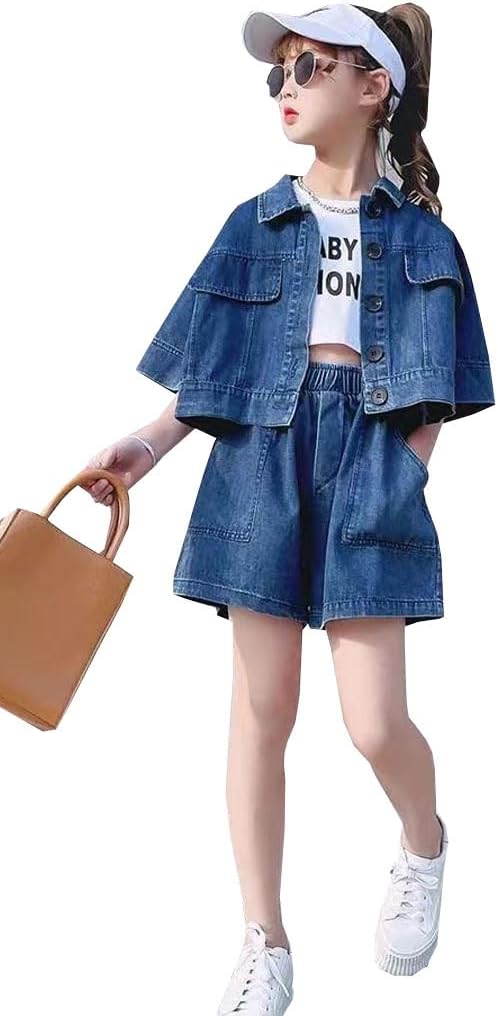 DYIOPMFGZ Girls Childrens Clothing Denim Jacket and Shorts Setup, Denim 2-Piece Set, Top and Bottom Set, Shirt, Jeans, Denim Pants, Shorts, Girls, Sportswear, Dancewear, Juniors, Children, Short