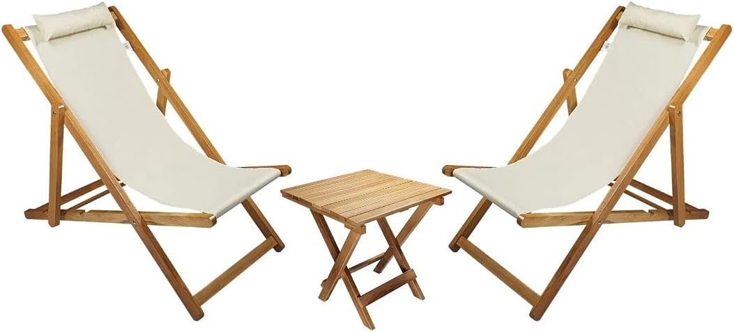 Bysay Wood Foldable Portable Sun Lounger. Beach, Garden, Terrace, Balcony Sun Lounger. Set Of 3 (krem)