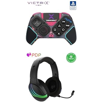 PDP Bundle of Victrix Pro BFG Wireless PlayStation Gaming Controller, Licensed PS5/PS4/PC, Tekken 8 Rage Art Afterglow Wave Wireless LED Gaming Headset with Mic, Rechargeable Customizable, Black