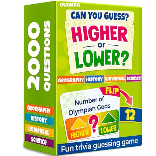 QUOKKA Trivia Board Games for Kids and Adults 4xSET Family Board Games for Game Night Higher or Lower Trivia Cards for Kids 8-12 - Challenge History, Science, Geography & More for Families & Teens