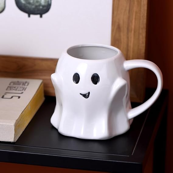 Halloween Ghost Mug - Adorable Ghost Elf Design - Unique Ceramic Coffee Cup, Spooky Ghostface Mug (white)