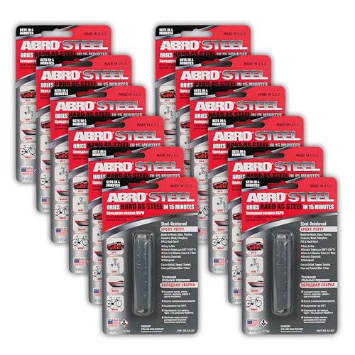 ABRO Steel, Steel-Reinforced Epoxy Putty Stick for Metal Repair, Sets and Cures Fast, Waterproof, Heat Resistant Epoxy, 500 Degrees, Steel Stick, Weld Stick, Car Repair Putty and Filler, 1.5 oz. 12