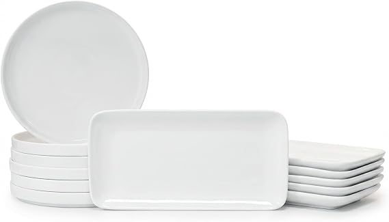 WishDeco Serving Plates Sets, 12 Pieces Dinnerware Sets, Ceramic Serving Dishes Set for 4, White Kitchen Dishware Set, Microwave and Dishwasher Safe