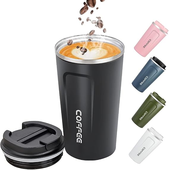 17oz (500ml) Vacuum Insulated Travel Mug, Leakproof Double Wall Stainless Steel Reusable Coffee Cup with Lid for Hot & Cold Drinks, Black
