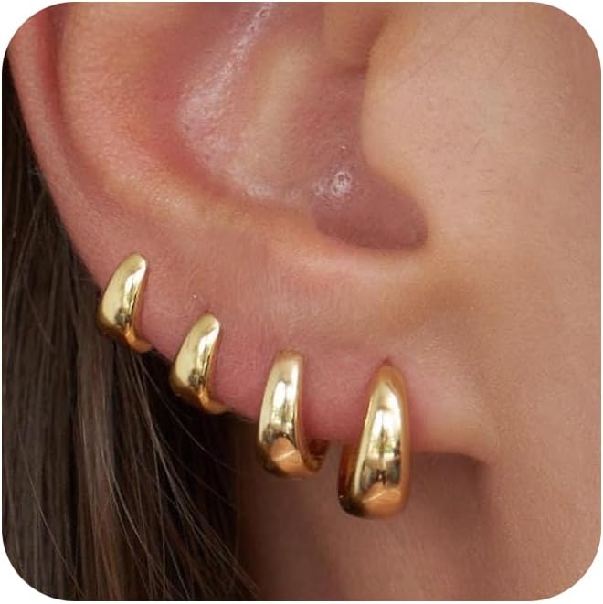 CHESKY 4 Pairs Huggie Hoop Earrings for Women, 14K Gold Plated Silver | Huggie Hoop Earrings, Chunky Small Hoops, Earring Stacks, Cartilage Earrings, Multiple Piercing Jewelry, Everyday Accessories