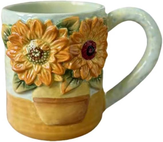 Ceramic Large Coffee Mug,3D Handmade and Hand-painted Sunflower Tea Cup,13oz