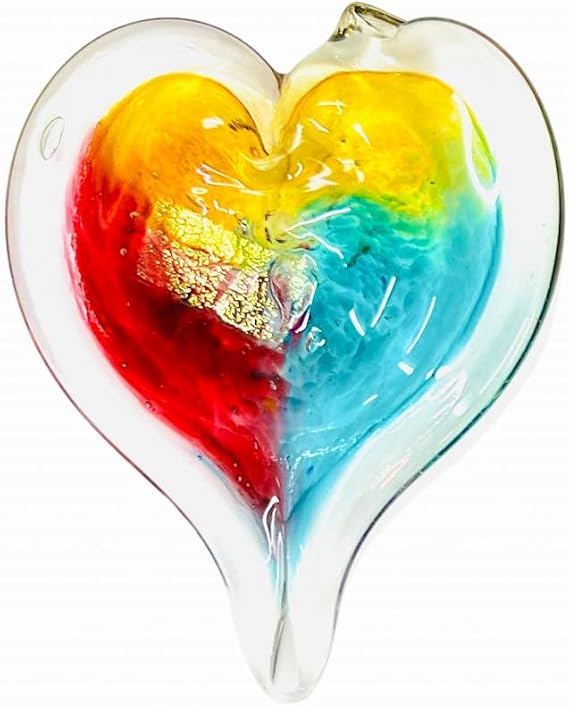Luke Adams Handmade Glass Hanging Hearts Red Heart Ornament for Window or Gift Hand Blown Hearts Decor Colorful Blown Glass-Fiji (Pink Amber Teal)