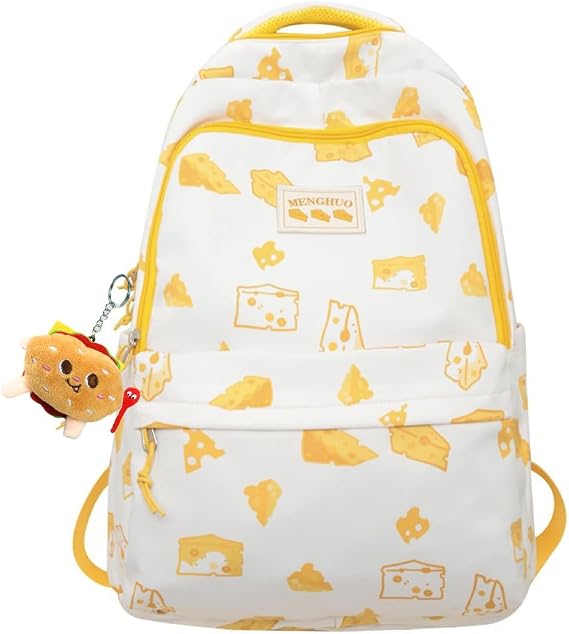Kawaii Backpack with Cute Accessories - Waterproof Nylon Double Shoulder Bag (Yellow)