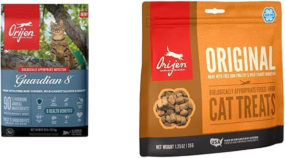 ORIJEN Dry Adult Cat Food, Grain Free, Premium, High Protein, Fresh & Raw Animal Ingredients, Guardian 8, 10lb Freeze Dried Cat Treats, Original, 1.25oz