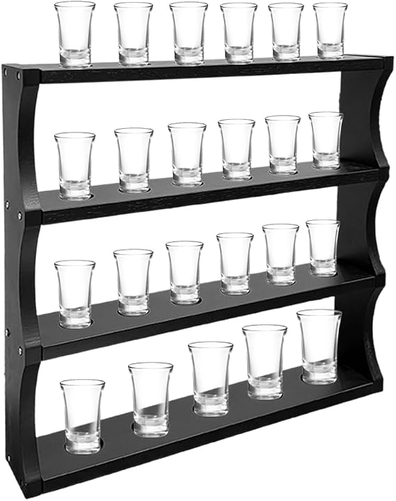 Wood Shot Glass Display Case, Shot Glasses Holder 23 Shot (Black)