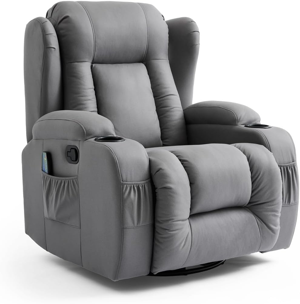 CAESAR GREY TECHNOLOGY FABRIC MANUAL RECLINER ROCKING SWIVEL HEAT & MASSAGE CHAIR