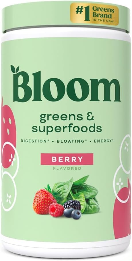 Bloom Super Greens Powder Berry (60 Servings) Blends Probiotics, Digestive Enzymes, Spirulina, and Chlorella to Support Women’s Gut Health, Ease Bloating, and Promote Healthy Digestion Naturally