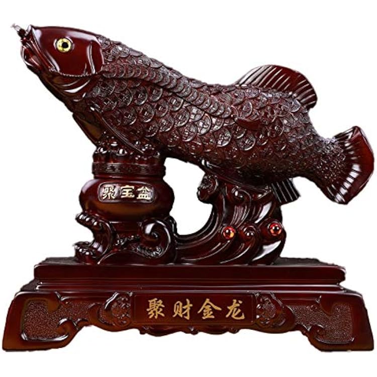 Figurines,Feng Shui StatuesOrnaments,Arowana Fish Figurine Wtih Treasure Basin Resin Sculpture Ornament Wealth Home Office Decoration, Opening Gifts,B