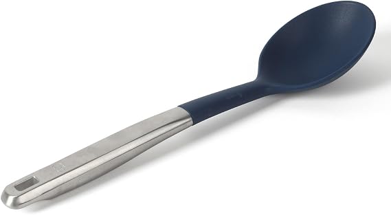 Calphalon Prime Kitchen Spoon, Kitchen Cooking Spoon, Silicone Spoon, Stainless Steel Spoon with Navy Silicone Head High-Heat Resistant for Nonstick Cookware, Ergonomic Handle for Stirring