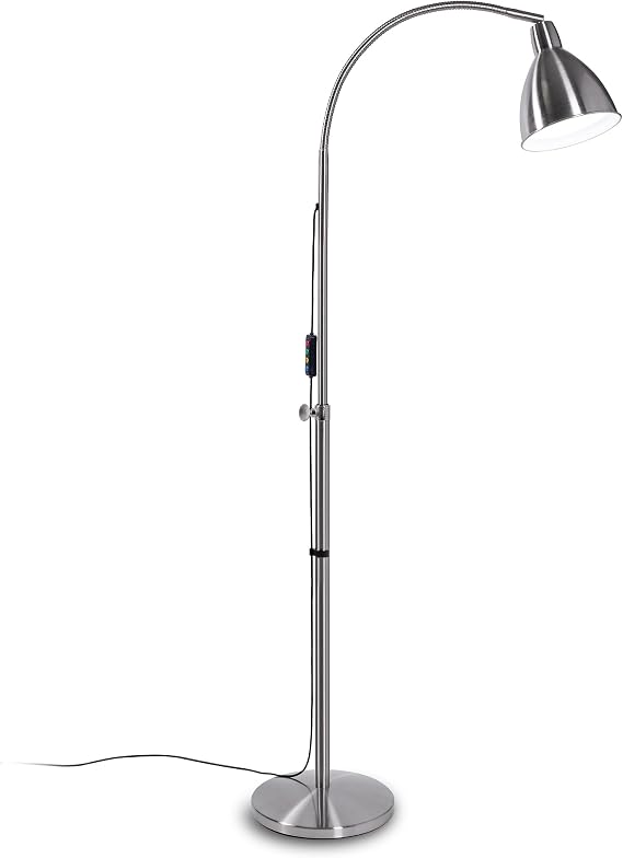 Daylight FlexiVision 2TM LED Floor Lamp 3,500 Lux at 12", 5 Brightness Levels, 3 Color Temperatures, 95+ CRI, Adjustable Arm & Swivel Head, Anti-Tip Base, Low Vision Aid Brushed Steel