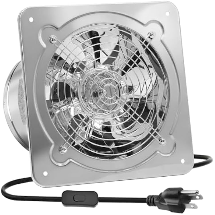 8 Inch Metal Exhaust Fan for Kitchen, 500 CFM, Stainless Steel Attic Exhaust Fan with Switch and Damper, Wall Mount, Plug-in Fume Extractor for Workshop, Garage & Basement, Silver