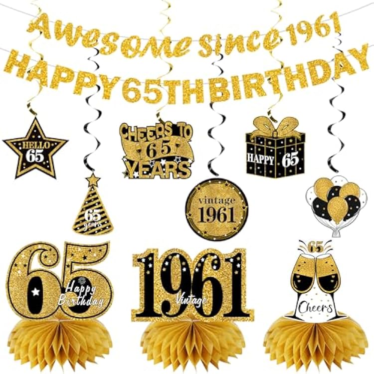 11Pcs 65th Birthday Decorations Kit for Men Women, Black Gold Happy 65th Birthday Banner, Awesome Since 1961 Centerpieces Swirls Party Supplies, 65 Bday Banner Ceiling Table Topper Sign