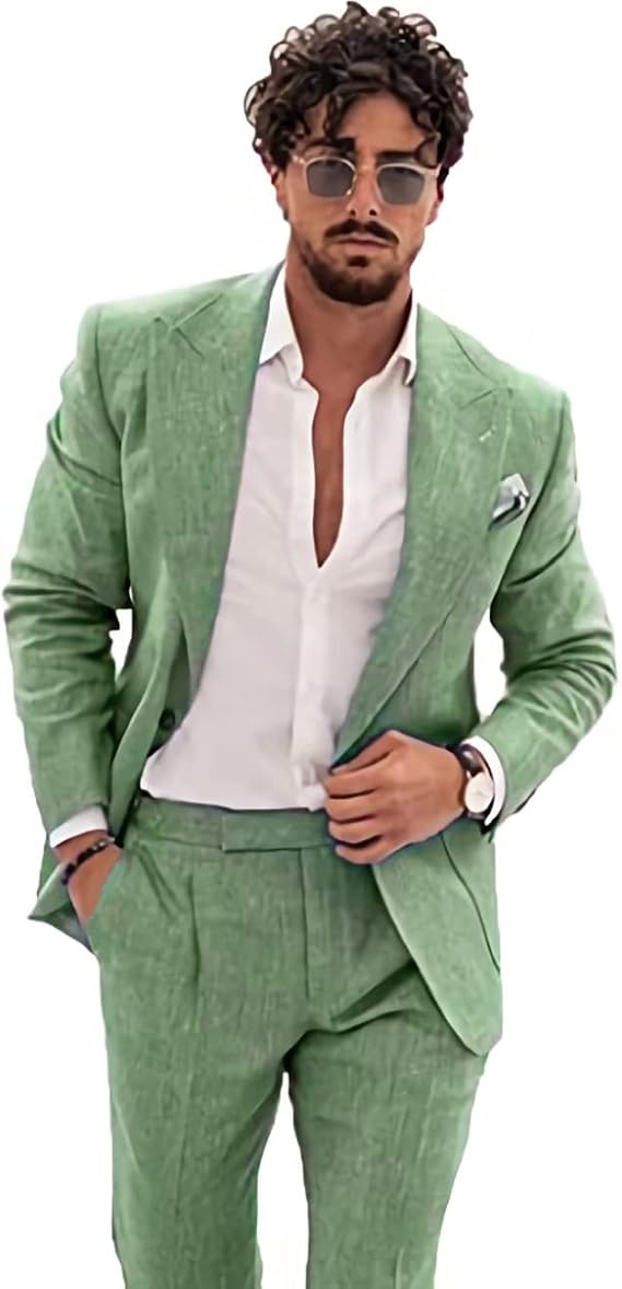 Men's 2-Piece Linen Suit Casual Slim Fit Vintage Suits Groomsmen Tuxedos Wedding Summer Beach Blazer Pants Set