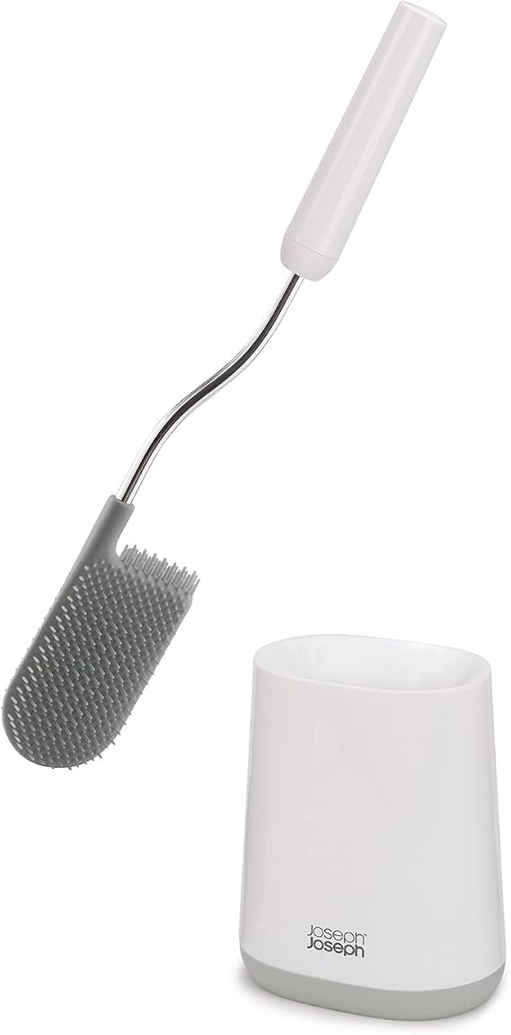 Joseph Joseph Flex Lite Silicone Toilet Brush with Slimline Holder Set, Flexible Head, drip, Anti-Clog deep Clean - Gray/White