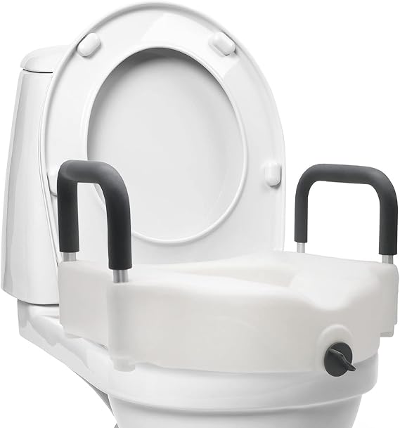 DMI Raised Locking Toilet Seat with Padded Armrests, 350 lb Weight Capacity, 5-Inch Seat Riser for Elderly, Disabled & Post-Surgery Recovery, Fits Most Standard Toilets, White
