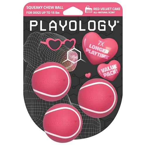 Playology Dog Toys | Squeaky Chew Ball - Bouncy Durable Floating Fetch Ball for Dogs, Value 3-Pack | Small Red Velvet Cake Limited Edition Toy - Made from Non Toxic Materials