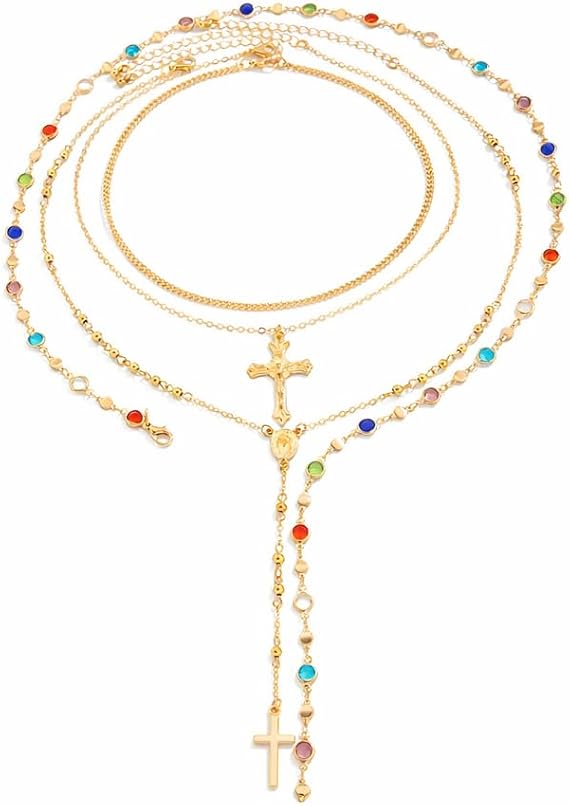 4-Piece Layered Gold Cross Necklace Set for Ladies, Trendy Bohemian Beads, Y-Pendant, Vintage Rosary Necklace, Stackable, Length Adjustable