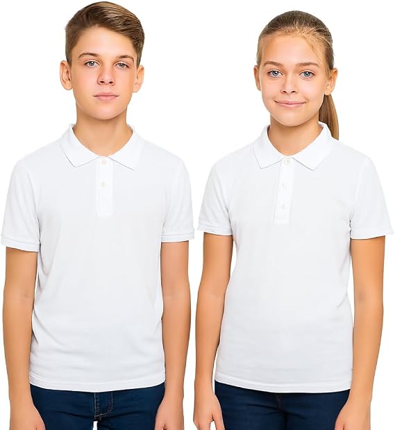 Pack of 2 Boys Girls School Uniform Polo Shirt White Plain Short Sleeve Shirts Sports Wear