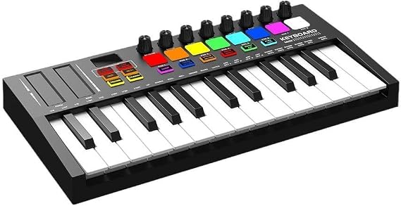 25-Key USB MIDI Keyboard Controller with 8 Pads & Knobs - DAW Integration & OLED Display for Music Production, Bluetooth MIDI and Semitone transposition, Velocity Switch Function