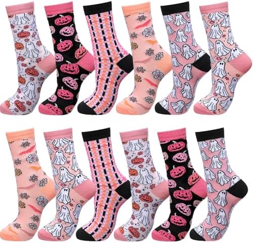 HooLing 12 Pairs Halloween Ghost Socks Pink Halloween Socks Pumpkin Ghost Bat Funny Cotton Holiday Socksfor Woman Girls Costume Party Supplies