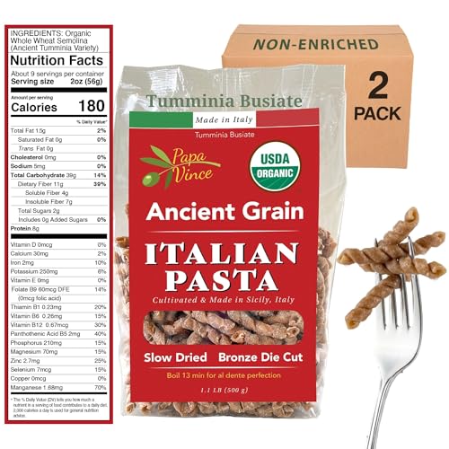 Papa Vince Organic Non Enriched Pasta - Ancient Grain, high in fiber, high in protein, TimiliaTumminia grown in Sicily Italy. Al dente texture, nutty flavor, busiate, whole wheat that is anything but bland