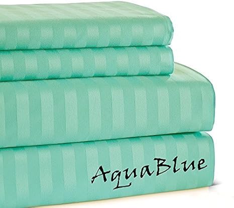 600 TC 1Pc Fitted Sheet - 100% Pima Cotton 12-Inch Deep Pocket, California King 72" x 84"- Aqua Blue Striped