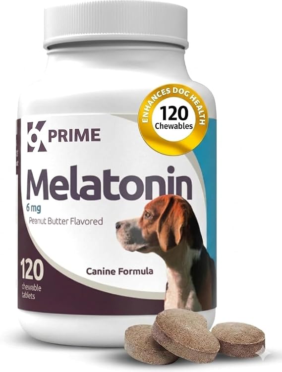 Prime Melatonin for Dogs - 6 mg 120 Peanut Butter Flavored Chewable Tablets - Calming Chews for Large Dogs, Reduce Stress, Helps Composure and Sleep