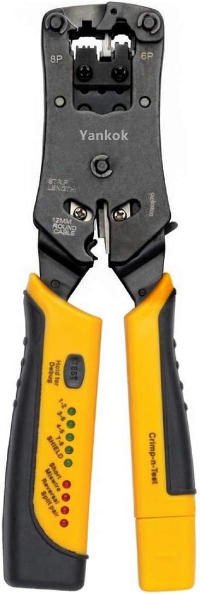 Yankok [HT-376 Modular Plug Crimper] Crimps RJ45 8P8C RJ12 RJ11 6P6C/4C/2C, RJ10 and RJ9 4P4C/2C Connectors, Strip Cut and Test Ethernet Cables w/Cable Tester