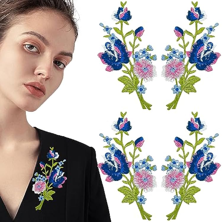 4 Pcs Rose Flower Embroidered Applique Floral Leaves Iron on Patches Bouquet Boho Decorative Embroidery Applique Sewing Patches for Clothing Bags DIY Accessory Craft Decoration