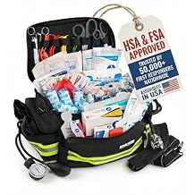 Scherber First Responder Fully-Stocked Professional Essentials EMT/EMS Trauma Kit | HSA/FSA Approved | Reflective Bag w/8 Zippered Pockets & Compartments & 200+ First Aid Supplies - Red