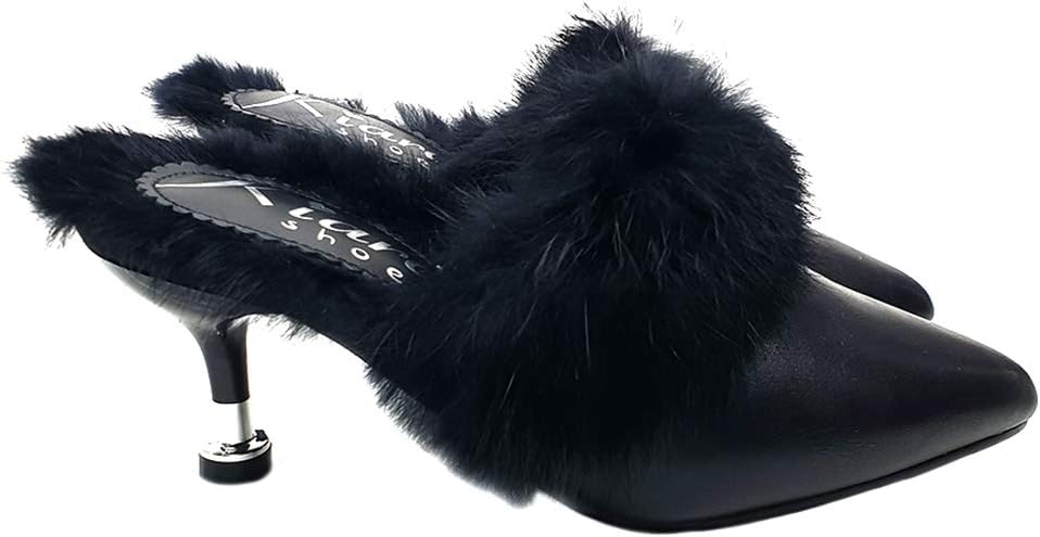 Kiara Shoes Black Sabot Comfortable with Fur - KC018 Nero