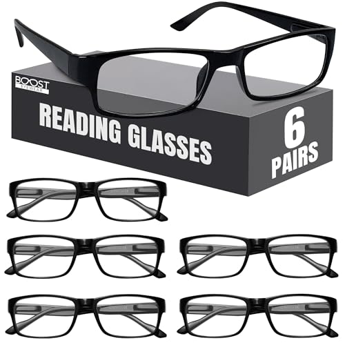 Boost Eyewear 6 Pack Reading Glasses, Traditional Black Frames, for Men and Women, with Comfort Spring Loaded Hinges, Black, 6 Pairs 1.00