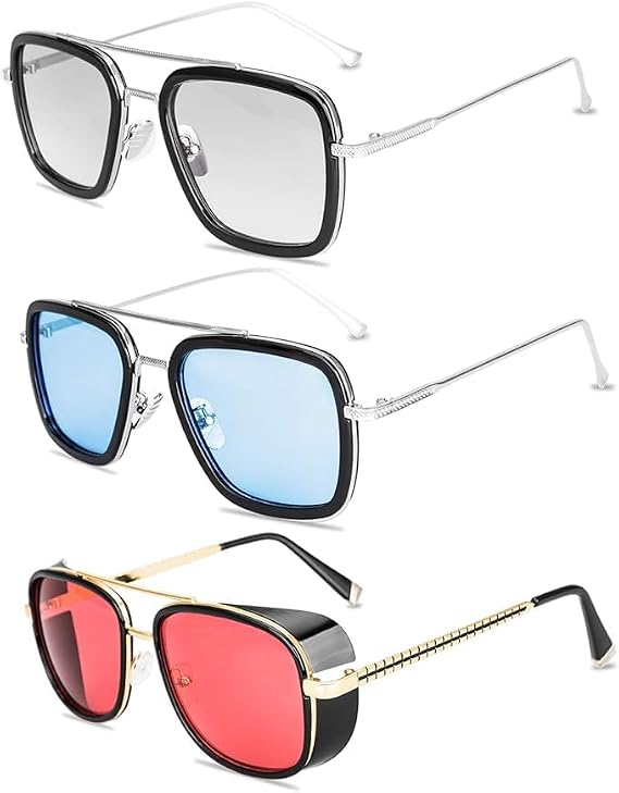 Tony Stark Sunglasses 3 Pack Sunglasses for Men Women Vintage Aviator Square Metal Frame ,Spider Man Glasses, Blue Red Grey