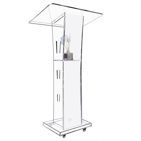 Acrylic Podiums for Church with 4 Wheels, 43 Clear Pulpit for Churches with Storage Shelf, Modern Lectern with 15 Colors Adjustable for Classroom, Conference, Wedding