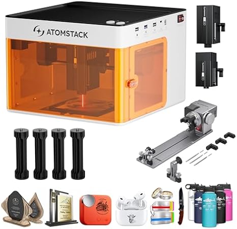 ATOMSTACK P1 5W Diode and 1.2W IR, R8 Laser Rotary Chuck Engraver, Compatible with P1 K2 Laser Engraver Y-axis Rotary Roller for Irregular Items Spherical & Cylindrical Objects