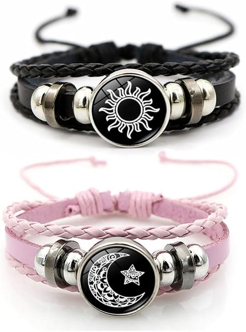 HEAVYSEVEN Luminous Sun and Moon Couple Bracelets: Exquisite Glow-in-the-Dark Matching Braided Leather Jewelry for Lovers