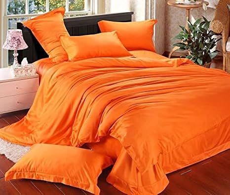 Cal King Silk Sheet Set 7 Piece True Silk Satin Sheets Set- Hotel Luxury Bed Sheets - Extra Soft - 15'' Deep Pocket - Breathable & Cooling - Wrinkle Free - Comfy-Orange Bed Sheets