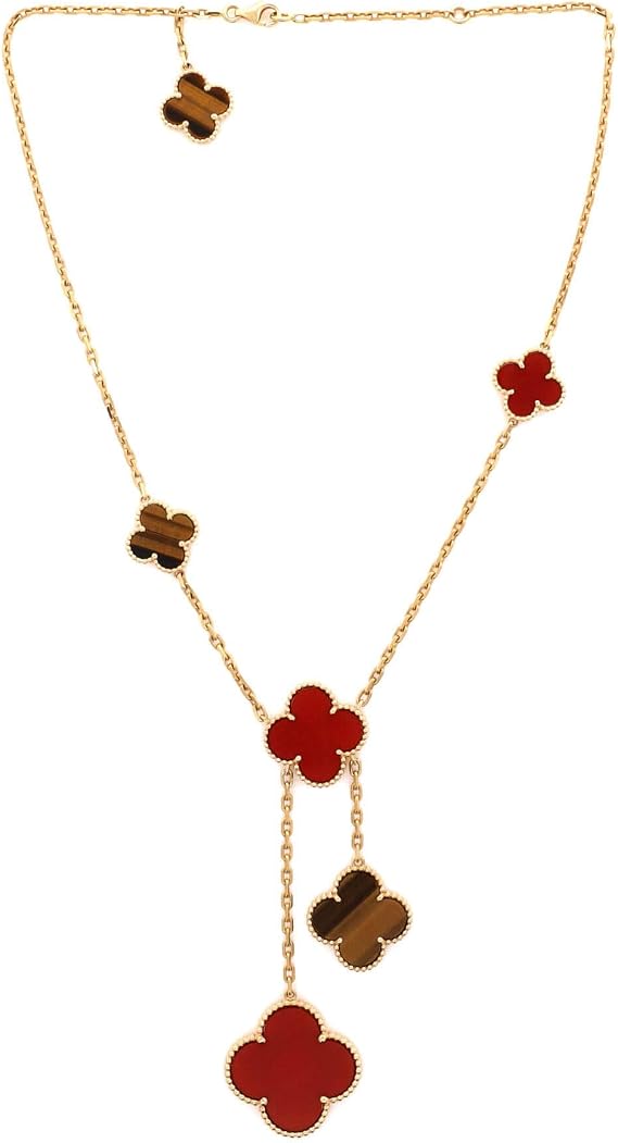 Pre-Loved Magic Alhambra 6 Motifs Necklace 18K Yellow Gold with Carnelian and Tigers's Eye, Yellow Gold