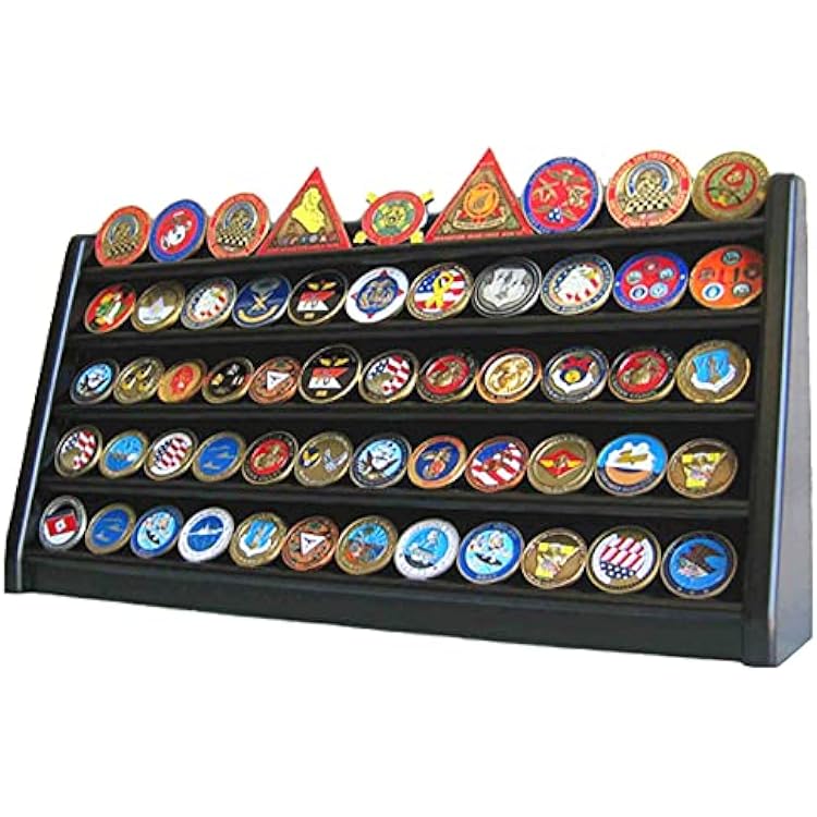 DisplayGifts 5 Row Challenge Coin Display Stand Rack Military Coin Holder Display Wooden Rack Case to hold 50-55 Military Coins Black Finish