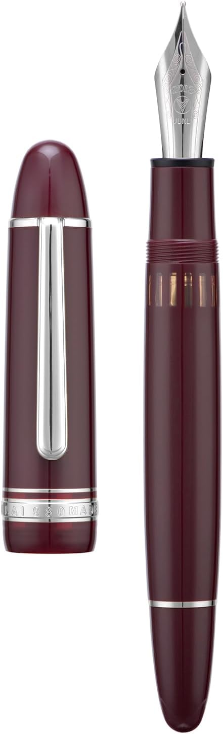 Yongsheng Junlai 930 Acrylic Fountain Pen, Size 9 Medium Nib with Piston Filling System, Wine Red Fence Ink Tank with Torpedo Shape Design Large Hand Pen (Silver Trim)